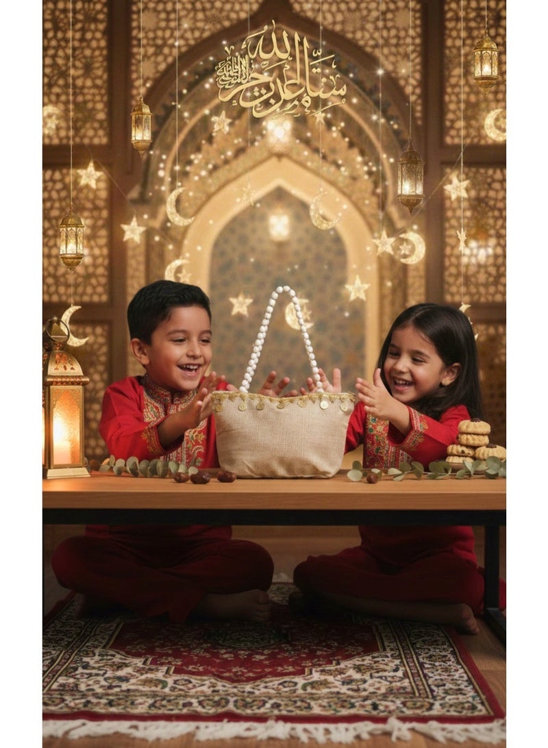 حقيبة هدايا رمضانية مميزة للأطفال - مصنوعة من الجوت الجميل مع مقبض من اللؤلؤ ودانتيل ذهبي - حقيبة رمضانية احتفالية - Image 5